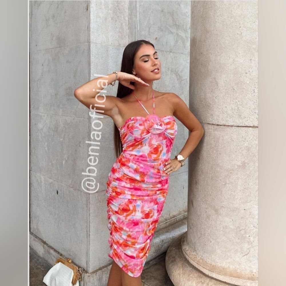 ZARA PRINTED TULLE MIDI DRESS PINK FLORAL - Picture 6 of 17